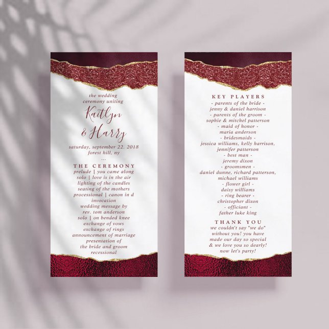 Elegant Burgundy & Guld Agate-Bröllopsprogram Reklamkort (Skapare uppladdad)