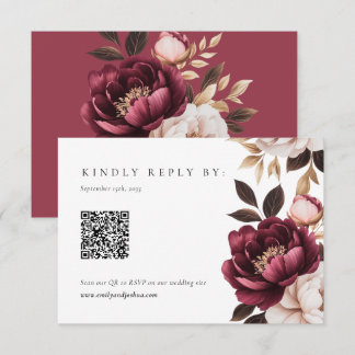 Elegant Burgundy Guld Blommig Bröllops QR-kod RSVP OSA Kort
