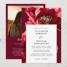 Elegant Burgundy Guld Blommig Foto QR-kod Bröllop Inbjudningar