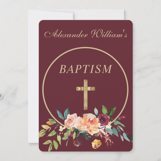 Elegant Burgundy Guld Blommigt Baby Christening Inbjudningar (Framsida)