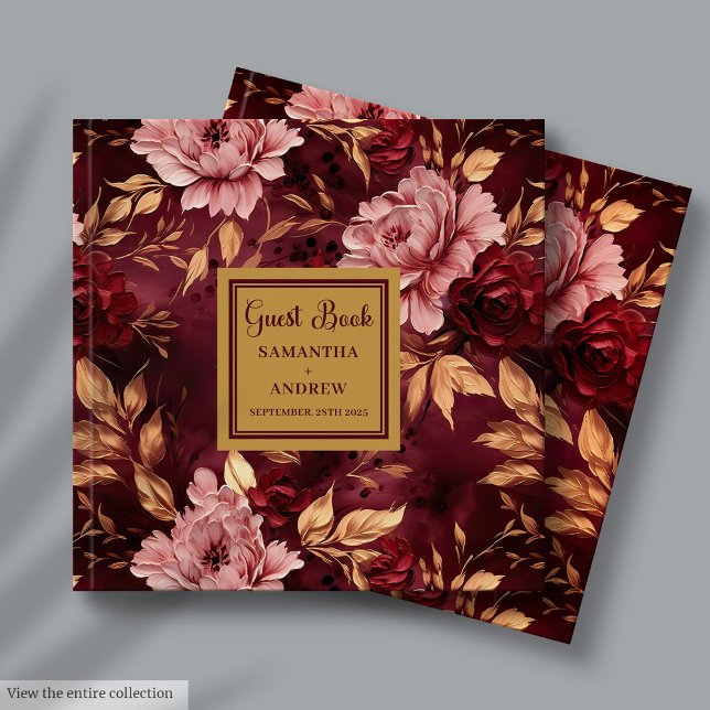 Elegant  Burgundy Guld Blommigt Bröllop Gästböcker (Elegant Blush Burgundy Gold Floral Wedding Guest Book)