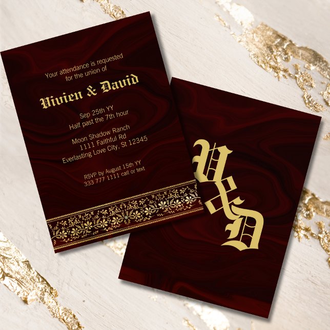 Elegant Burgundy Guld Blommigt Bröllop Inbjudningar (Skapare uppladdad)