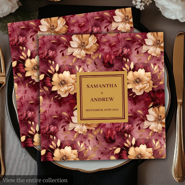 Elegant  Burgundy Guld Blommigt Bröllop Napkins Pappersservett (Elegant Blush Burgundy Gold Floral Wedding Napkins)
