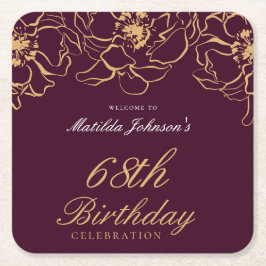 Elegant Burgundy Guld Blommigt Födelsedagsfest Underlägg Papper Kvadrat