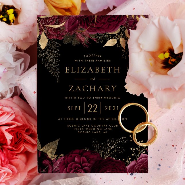 Elegant Burgundy Guld Blommigt Mörk Bröllop Inbjudningar (Skapare uppladdad)