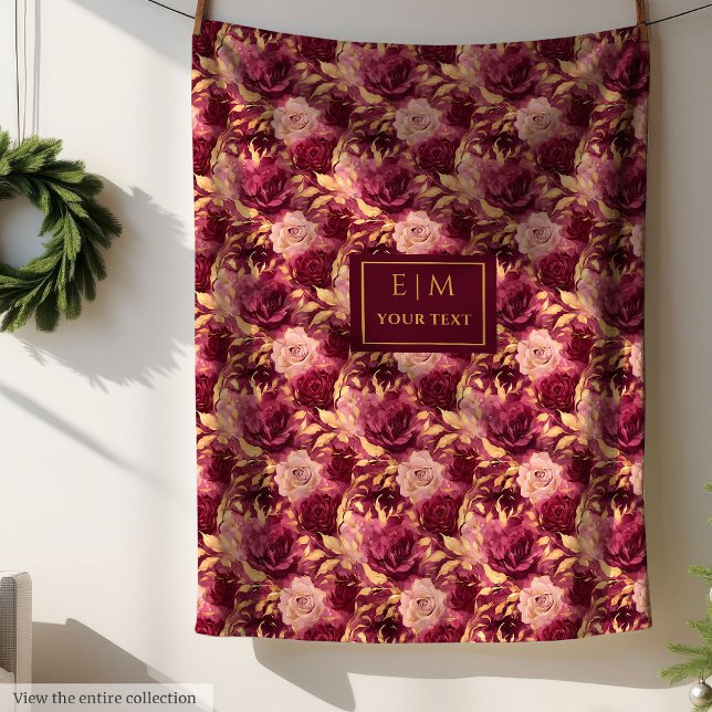 Elegant  Burgundy Guld Blommigt Personlig Fleecefilt (Elegant Blush Burgundy Gold Floral Personalized Blanket)