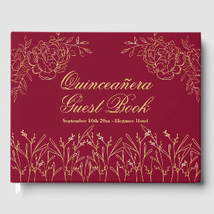Elegant Burgundy Guld-Blommigt - Quinceanera Gästböcker