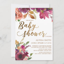 Elegant Burgundy Guld Blommigt Script Baby Shower Inbjudningar