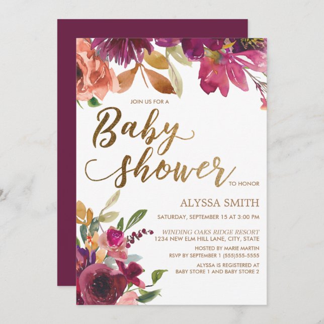 Elegant Burgundy Guld Blommigt Script Baby Shower Inbjudningar (Fram/baksida)