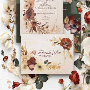 Elegant Burgundy Guld Blommigt Watercolor Bröllop Tack Kort
