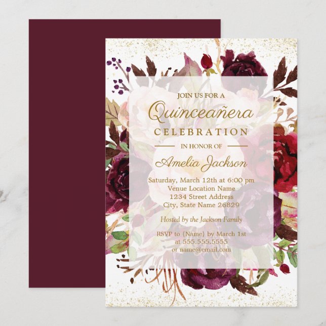 Elegant Burgundy Guld Bloom Quinceanera Birthday Inbjudningar (Fram/baksida)