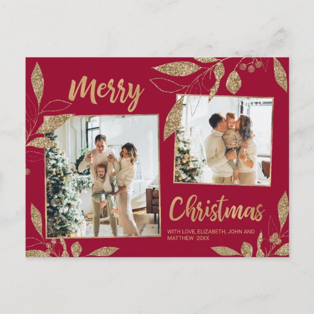 Elegant Burgundy Guld Botanical 2 Fotojul Vykort (Framsida)