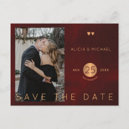 Elegant burgundy guld bröllop-fotot spara datumet meddelande vykort