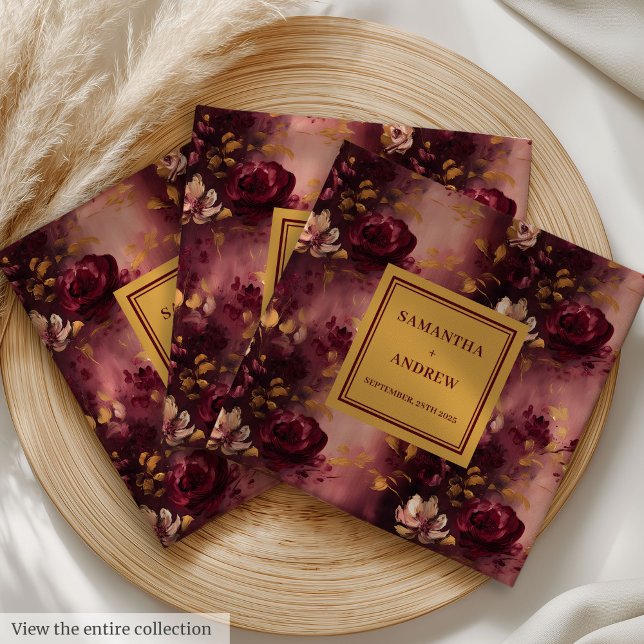 Elegant Burgundy Guld Bröllop Napkins med Ro Pappersservett (Elegant Burgundy Gold Wedding Napkins with Roses)