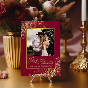 Elegant Burgundy & Guld Chic Kärlek & Tack Bröllop Kort