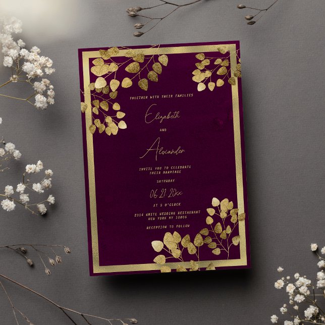 Elegant burgundy guld eucalyptus löv bröllop inbjudningar (Elegant burgundy gold eucalyptus leaf wedding )