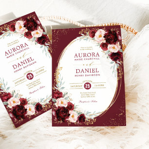 Elegant Burgundy  Guld Flowers Bröllop Inbjudningar