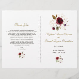 Elegant Burgundy Guld Flowers Bröllopsprogram