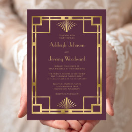 Elegant Burgundy Guld Geometric Deco Bröllop Inbjudningar