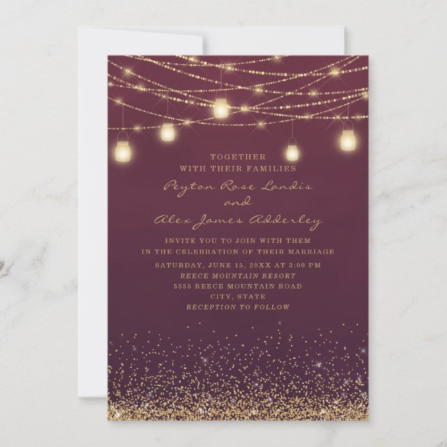 Elegant Burgundy Guld Glitter String Light Bröllop Inbjudningar (Framsida)