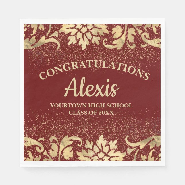 Elegant Burgundy Guld Glitter Studentfest Pappersservett (Framsidan)