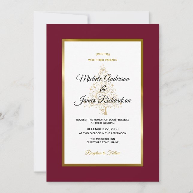 Elegant Burgundy Guld Helgdag Winter Wedding Inbjudningar (Framsida)