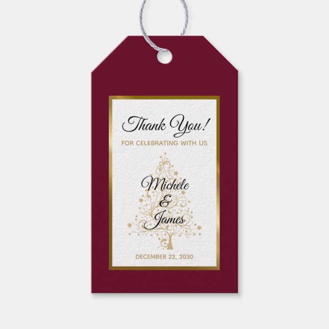 Elegant Burgundy Guld Helgdag Winter Wedding Presentetikett (Framsidan)