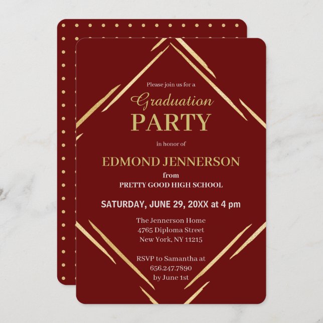 Elegant Burgundy Guld High School Studentfest Inbjudningar (Fram/baksida)