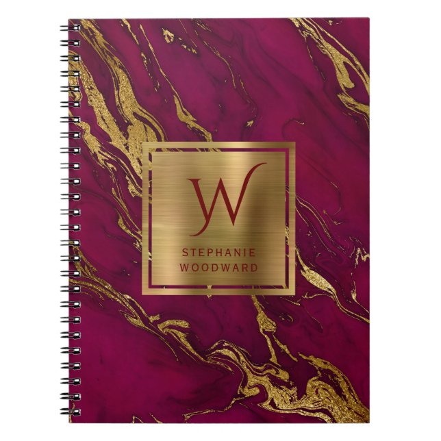 Elegant Burgundy Guld Marble Monogram Anteckningsbok (Framsidan)