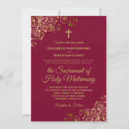 Elegant Burgundy & Guld Modern katolska Bröllop Inbjudningar