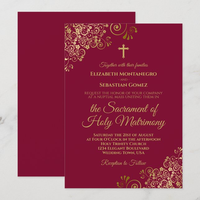 Elegant Burgundy & Guld Modern katolska Bröllop Inbjudningar (Fram/baksida)