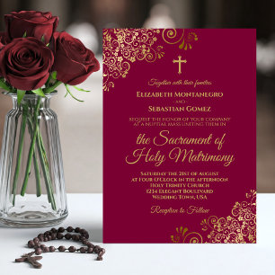 Elegant Burgundy & Guld Modern katolska Bröllop Inbjudningar