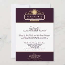 Elegant Burgundy Guld Monogram Familjeåterförening Inbjudningar