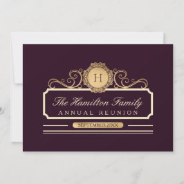 Elegant Burgundy Guld Monogram Familjeåterförening Inbjudningar