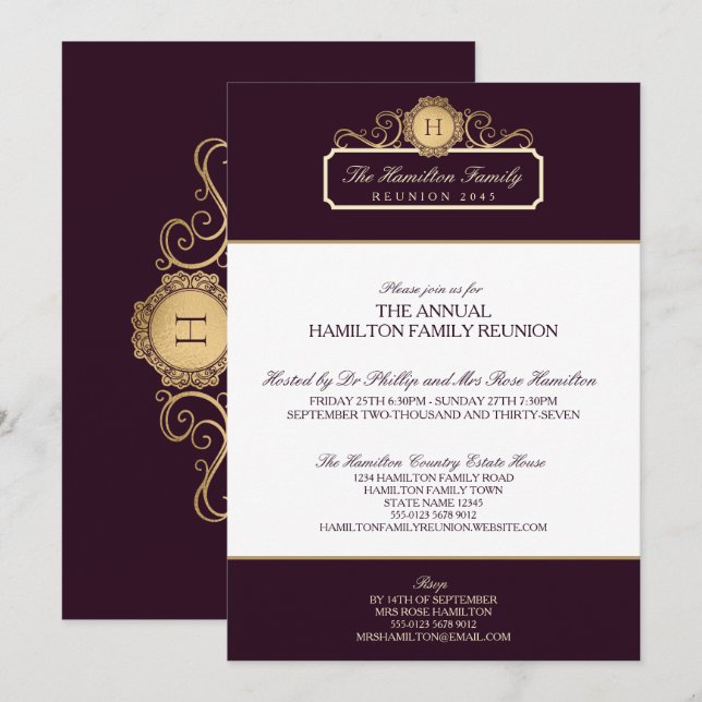 Elegant Burgundy Guld Monogram Familjeåterförening Inbjudningar (Fram/baksida)