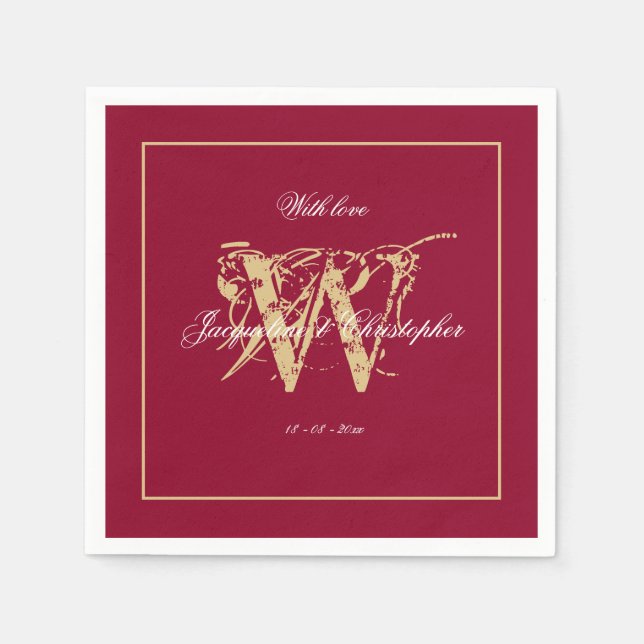 Elegant Burgundy Guld Monogram Namn Chic Bröllop Pappersservett (Framsidan)