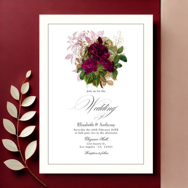 Elegant Burgundy, Guld och  Blommigt Bröllop Inbjudningar (Elegant Burgundy, Gold and Blush Floral Wedding Invitation)
