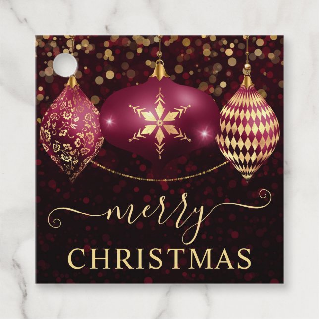 Elegant Burgundy Guld Ornaments Baubles jul Gåvor Etiketter (Framsida)