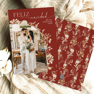 Elegant Burgundy Guld Photo Feliz Navidad Card Julkort