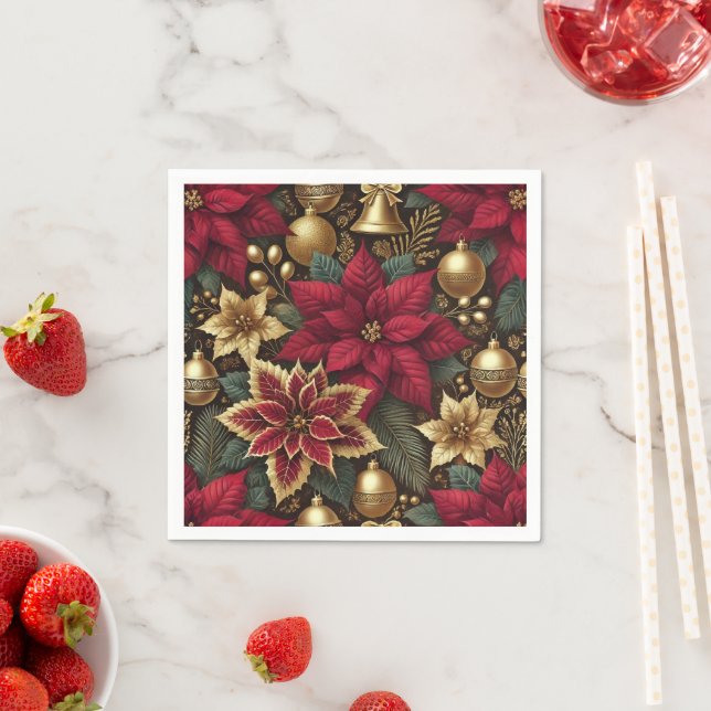 Elegant Burgundy & Guld Poinsettia Decoupage Pappersservett (Insitu)