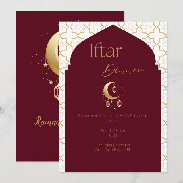 Elegant Burgundy & Guld Ramadan Iftar-inbjudan Inbjudningar (Fram/baksida)