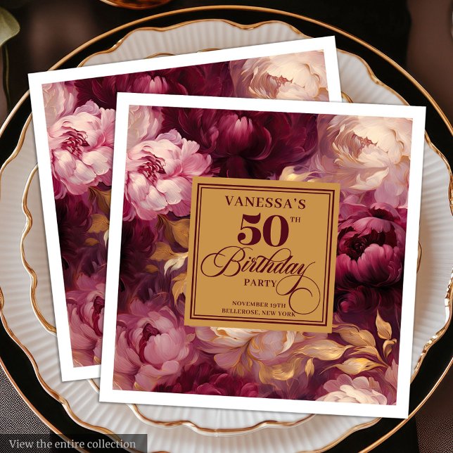 Elegant Burgundy  Guld Ro 50:e födelsedagen Pappersservett (Elegant Burgundy Blush Gold Roses 50th Birthday Paper Dinner Napkins )