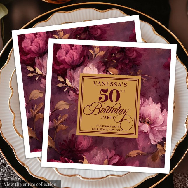 Elegant Burgundy  Guld Ro 50:e födelsedagen Pappersservett (Elegant Burgundy Blush Gold Roses 50th Birthday Paper Dinner Napkins)