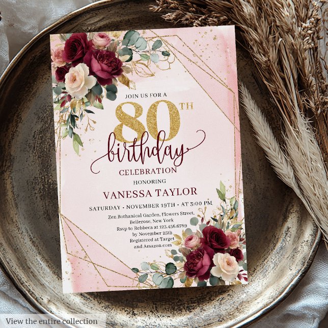 Elegant Burgundy  Guld Ro 80-årsdagen Inbjudningar (Elegant Burgundy Blush Gold Roses 80th Birthday Invitation)