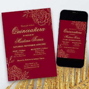 Elegant Burgundy Guld Sketch Blommigt Quinceanera Inbjudningar