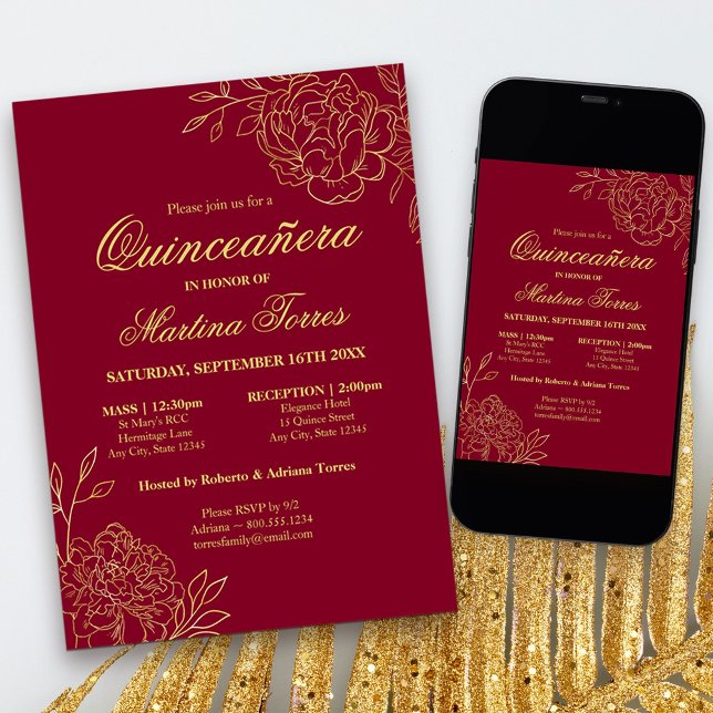 Elegant Burgundy Guld Sketch Blommigt Quinceanera Inbjudningar (Red and Gold Quinceanera Invitation with church ceremony, from my Gold Sketched Floral collection
)