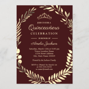 Elegant Burgundy Guld Wandequinceanera Inbjudningar