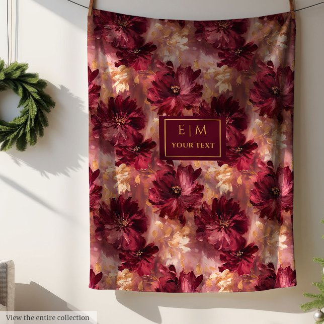 Elegant  Burgundy Guld Watercolor Blommigt Mysigt Fleecefilt (Elegant Blush Burgundy Gold Watercolor Floral Cozy Fleece Blanket )