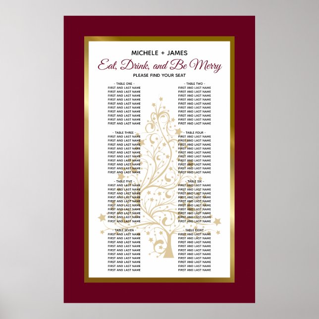 Elegant Burgundy Guld Winter Wedding Chart Poster (Framsidan)