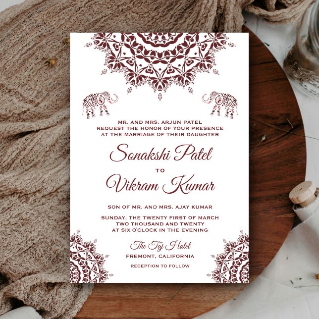 Elegant Burgundy Henna indisk bröllopsinbjudan Inbjudningar (Skapare uppladdad)